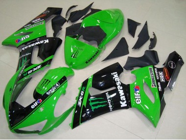 Affordable 2005-2006 Kawasaki ZX6R Motorcycle Fairings - Green Glossy Black Elf Monster UK