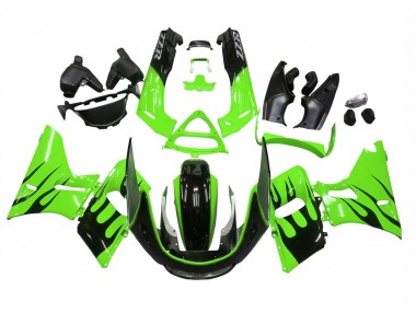 Affordable 1998-2003 Kawasaki ZZR600 Motorcycle Fairings - Green Glossy Black Flame UK