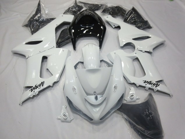 2005-2006 Gloss White with Black tail Kawasaki ZX6R Motorcycle Fairings 2005-2006 Gloss White with Black tail Kawasaki ZX6R Motorcycle Fairings