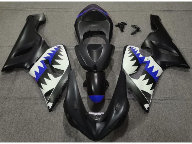 2005-2006 Matte Black and Blue Shark Kawasaki ZX6R Motorcycle Fairings 2005-2006 Matte Black and Blue Shark Kawasaki ZX6R Motorcycle Fairings