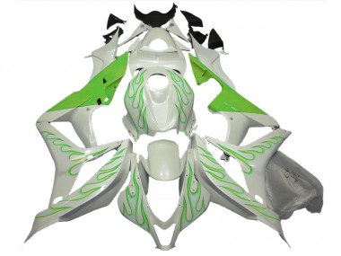 2007-2008 Lime Green Flame on White Honda CBR600RR Motorcycle Fairings