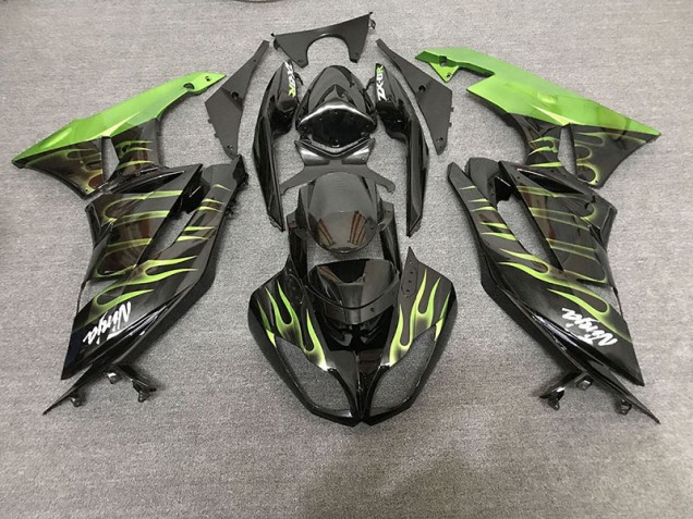 2009-2012 Gloss Black & Green Flame Kawasaki ZX6R Motorcycle Fairings